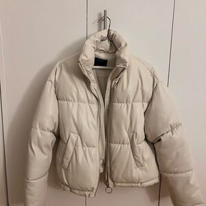Bershka Cream Puffer Jacket with High Collar and Oversized Fit